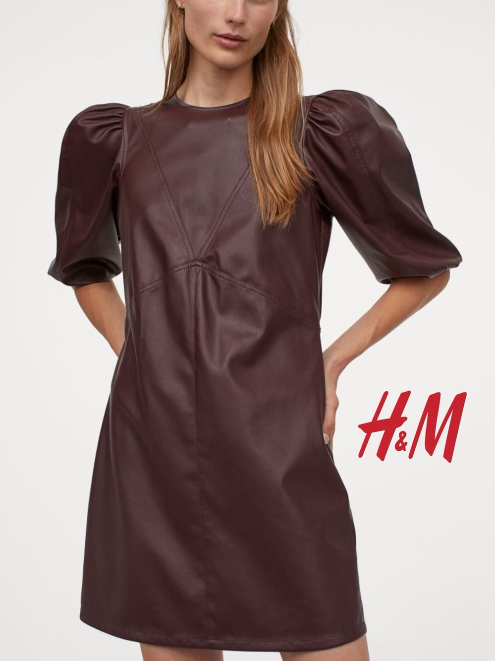 🤎H&M Burgundy Faux Leather Balloon Sleeve Mini Dress | Vegan Leather | Large